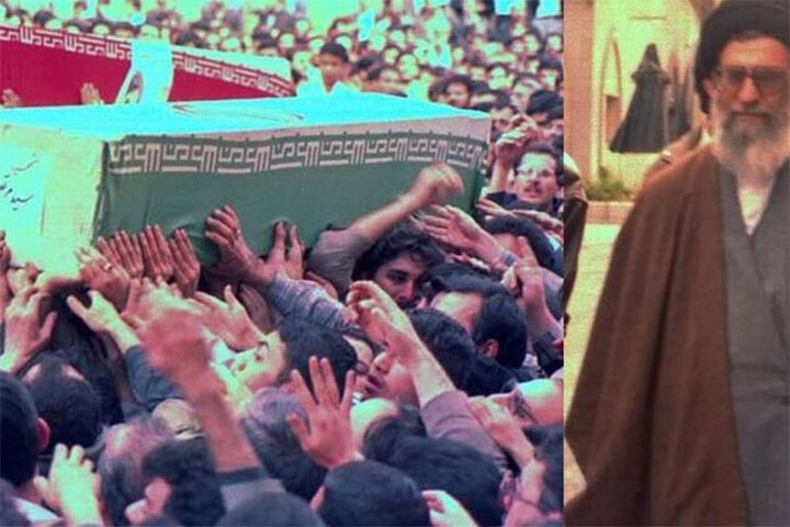 ببینید | ویدیویی کمتر دیده شده از حضور رهبر انقلاب در مراسم تشییع پیکر شهیدآوینی