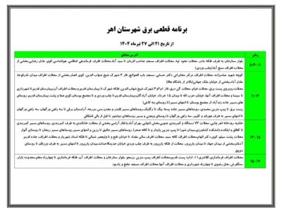 برنامه قطعی برق شهرستان اهر از تاریخ ۲۱ الی ۲۷ تیر ماه ۱۴۰۴